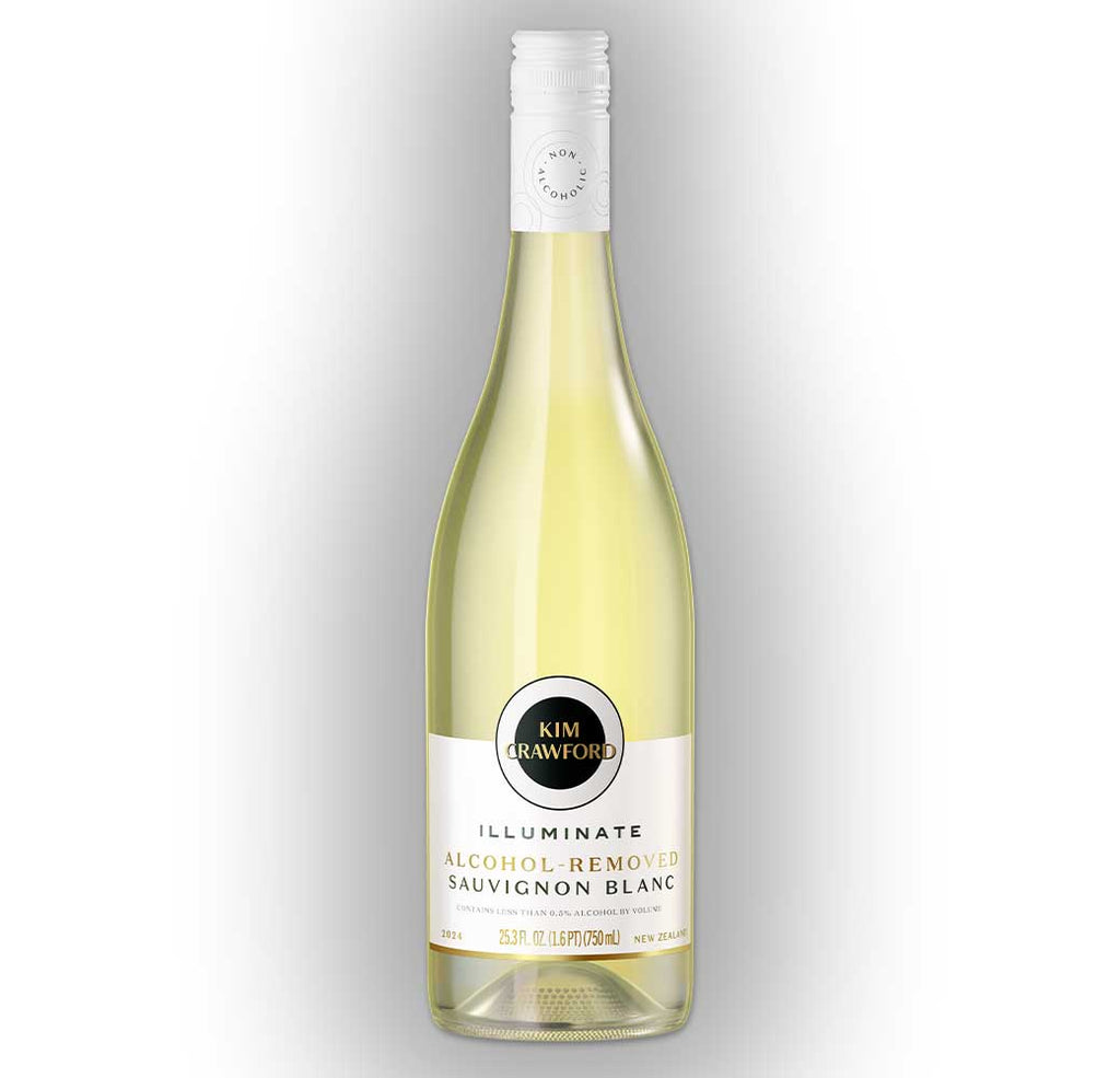 Bottle of Kim Crawford Alcohol Removed Sauvignon Blanc on a gray background