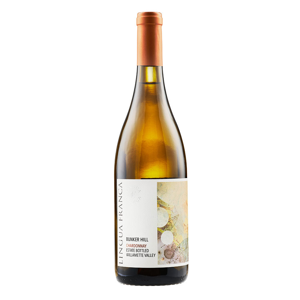 A bottle of Lingua Franca Bunker Hill Chardonnay from the Willamette Valley, featuring a pale golden-yellow wine liquid, a white label with abstract art, and a copper-colored foil capsule at the top, set against a plain white background.