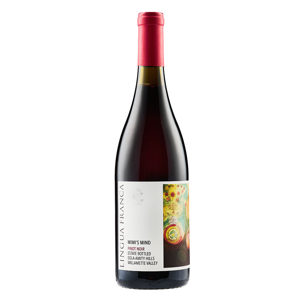 A bottle of Lingua Franca 'Mimi's Mind' Pinot Noir red wine, featuring a dark glass bottle with a vibrant red foil capsule and a white label with colorful abstract art, set against a plain white background.