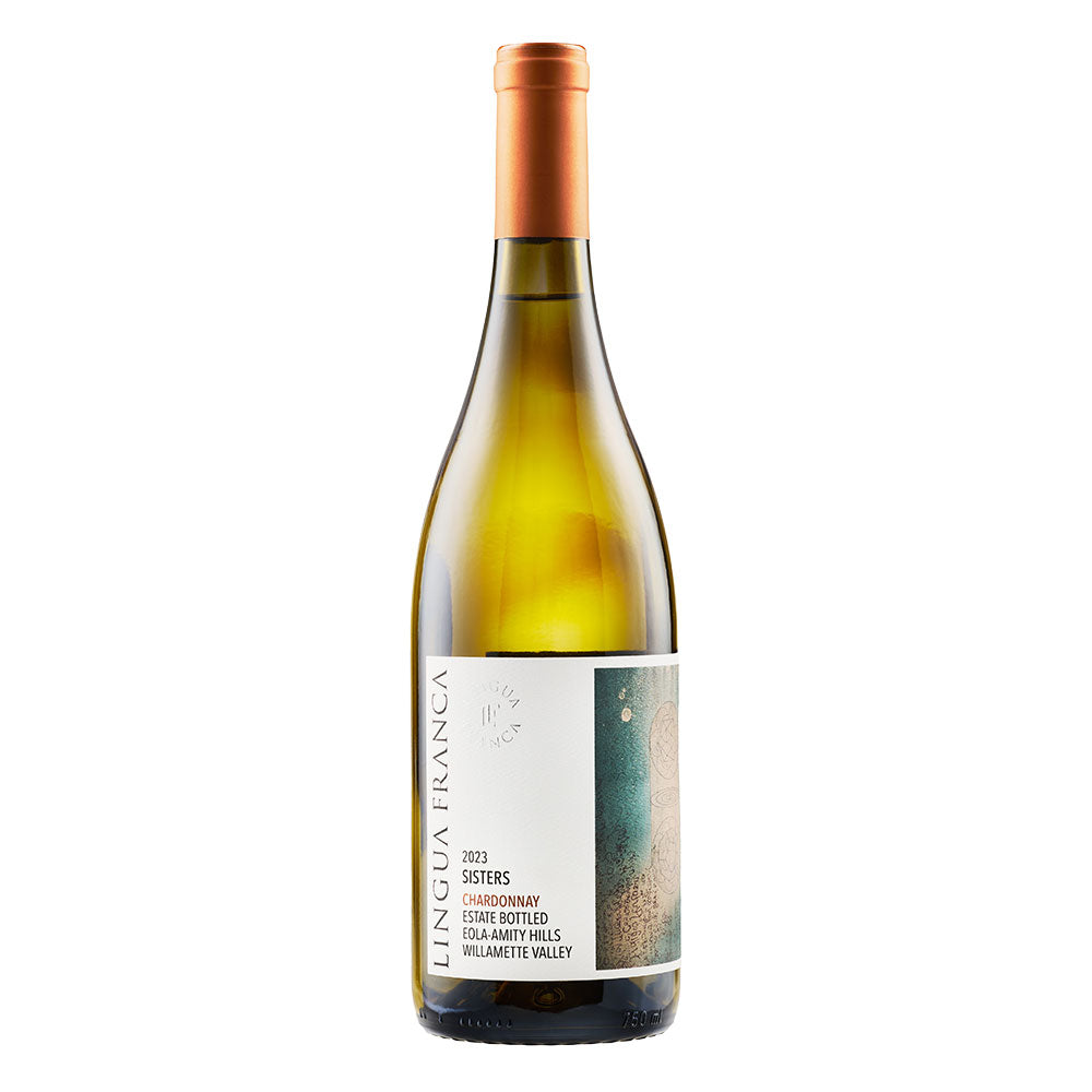 A bottle of Lingua Franca 2023 Sisters Chardonnay from the Eola-Amity Hills, photographed on a clean white background.