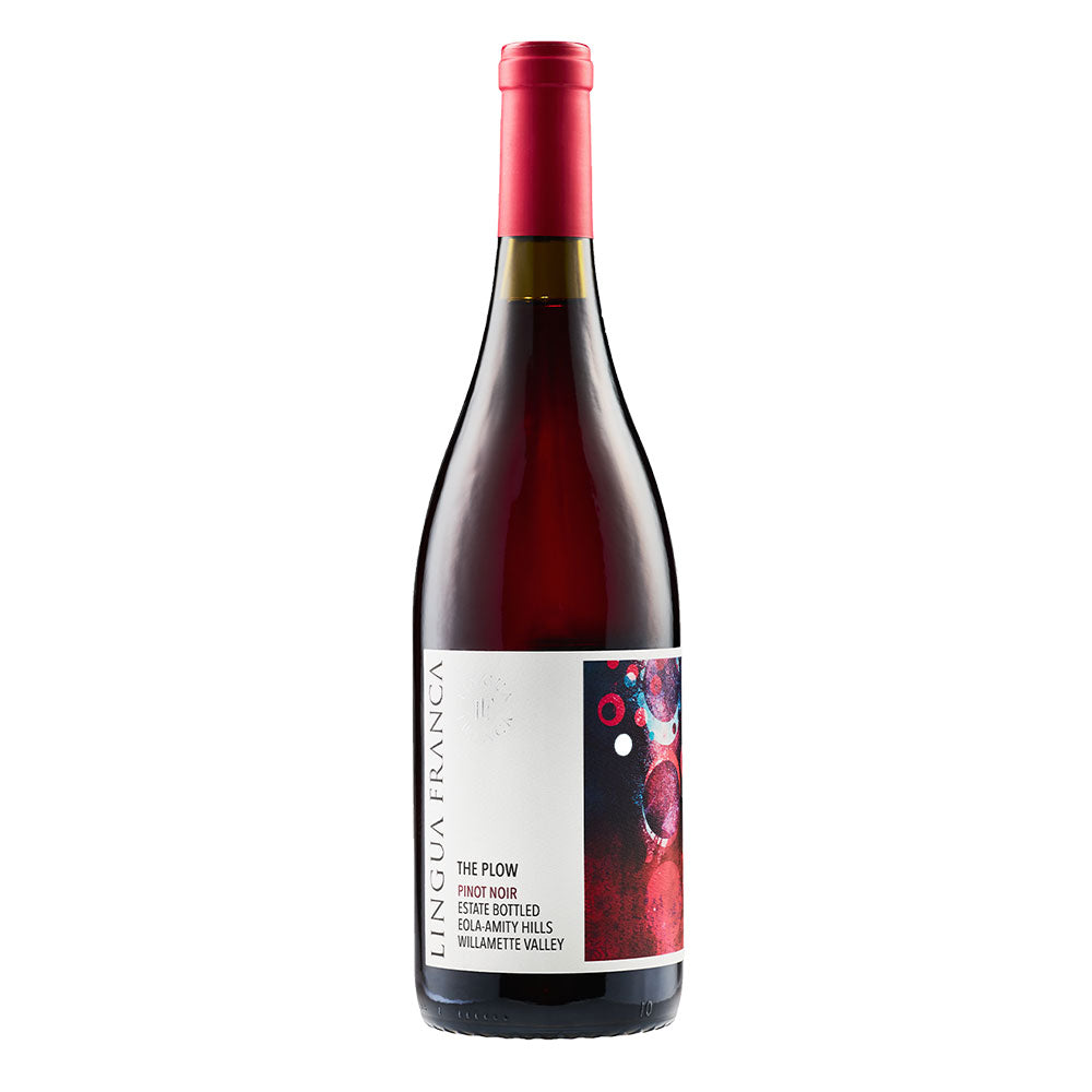 A bottle of Lingua Franca The Plow Pinot Noir red wine, featuring a dark glass bottle with a red foil top and a white label with red and black abstract artwork, set against a plain white background.