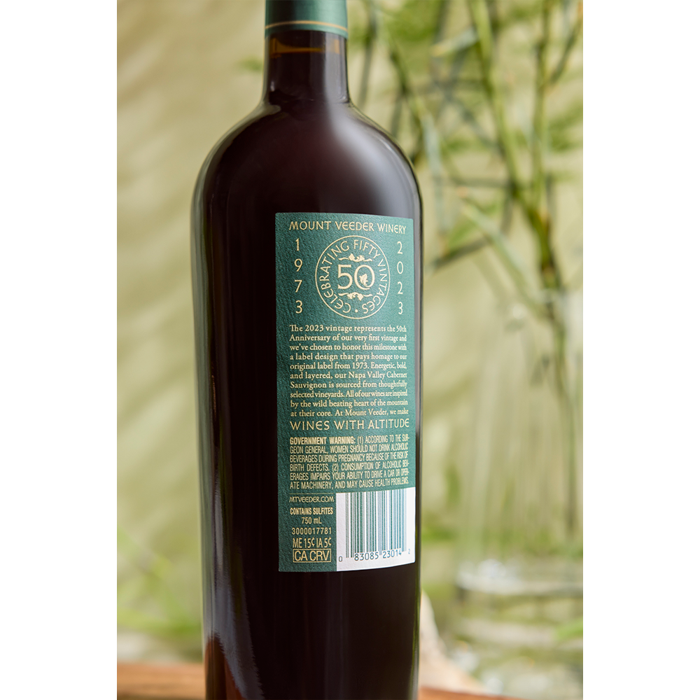 The back of Mount Veeder Winery 2023 Napa Valley Cabernet Sauvignon with 50th anniversary label