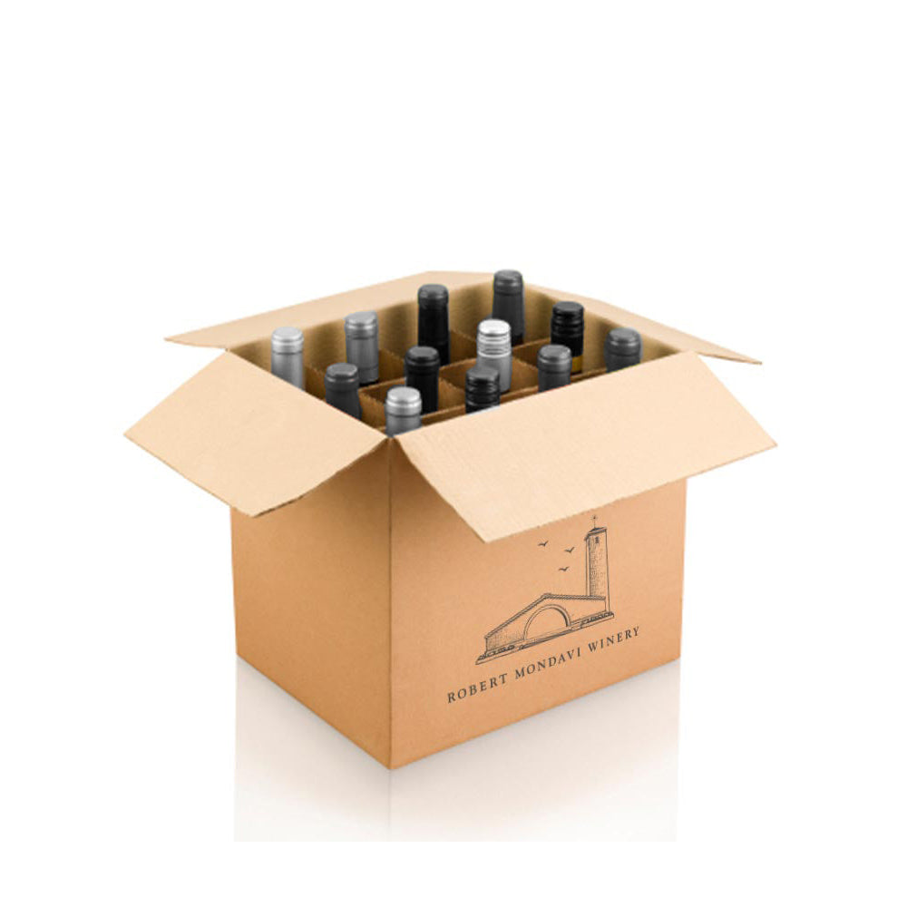 Cardboard box with wine bottles from Robert Mondavi Winery on a white background