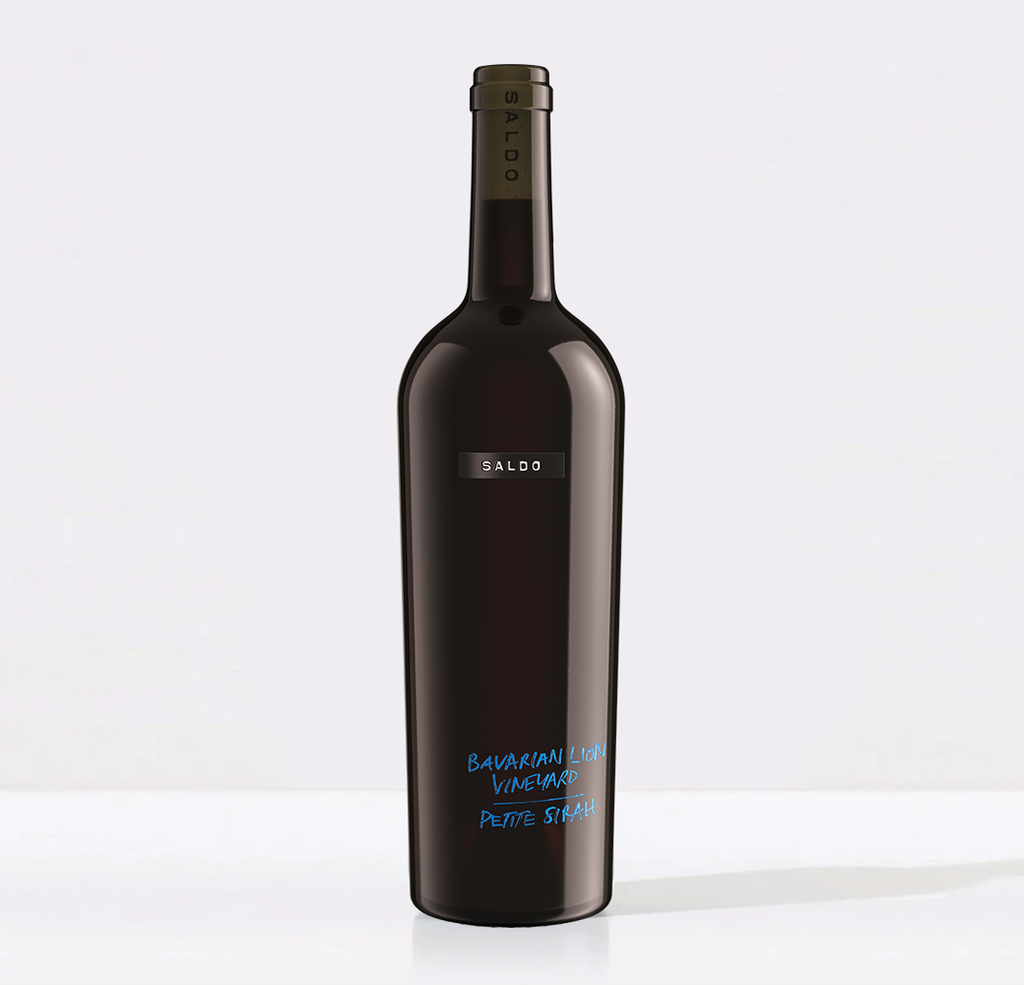 Bottle of Saldo Bavarian Lion Vineyard Petite Sirah on a white background