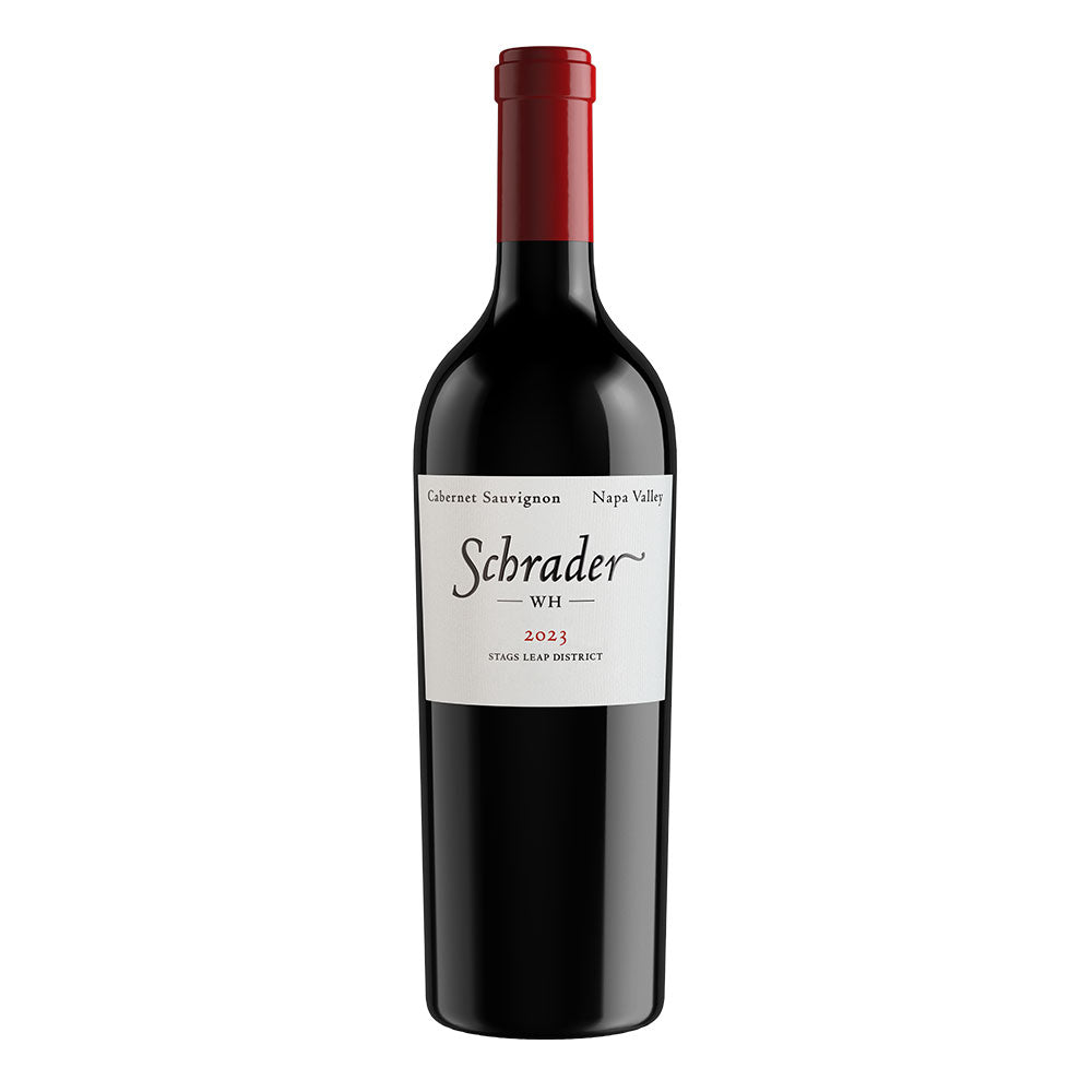 A bottle of Schrader WH Cabernet Sauvignon 2023 from the Stags' Leap District, featuring a dark glass bottle with a red foil capsule and a white label.