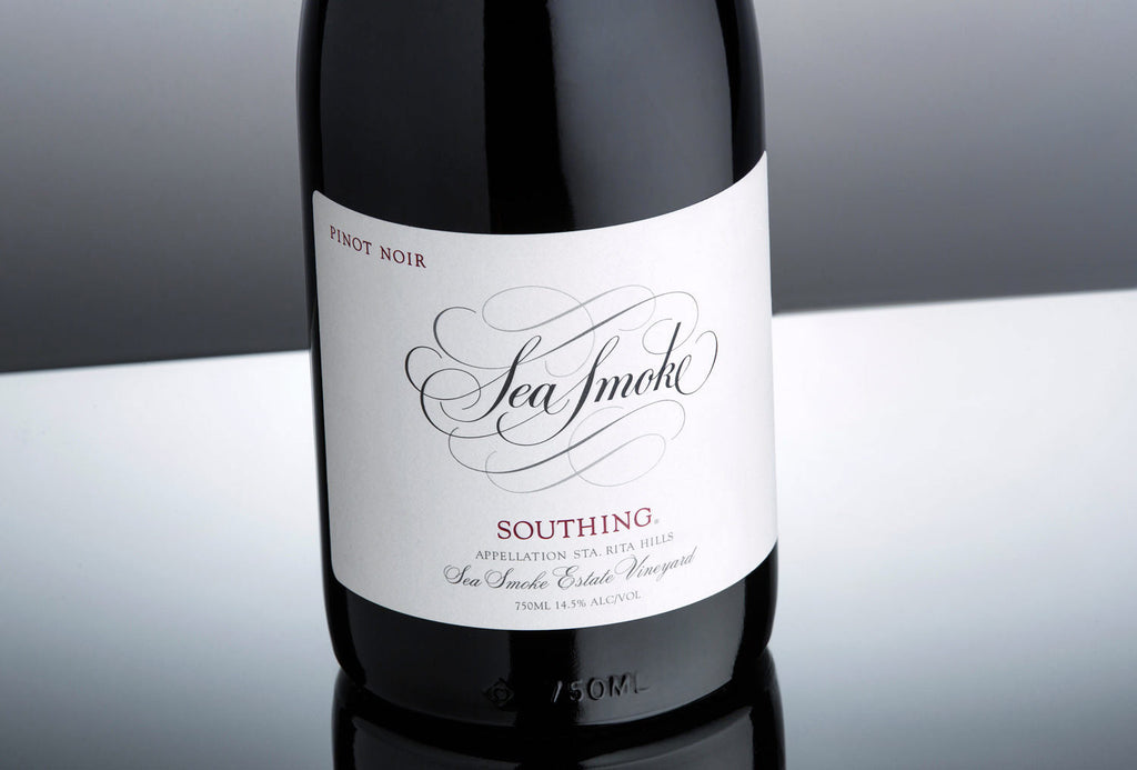 Close up of a bottle of Sea Smoke Southing Pinot Noir