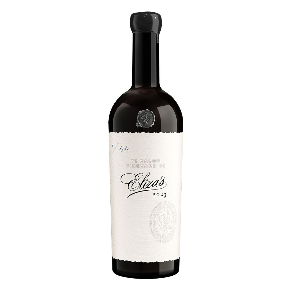 A bottle of Eliza's 2023 red wine from To Kalon Vineyards Co, featuring a dark glass bottle with a black capsule and a white label.
