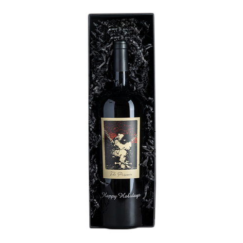 The Prisoner Red Blend etched with "Happy Holidays" in a black gift box