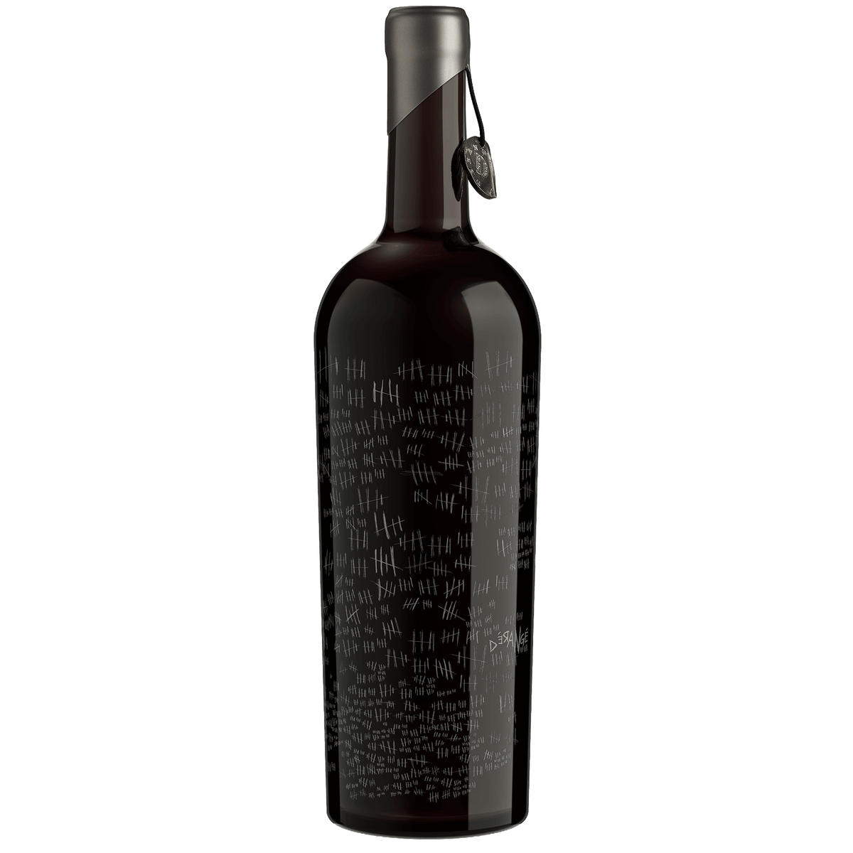 A bottle of The Prisoner Derange Red Blend Napa Valley with a black capsule, featuring white handwritten-style hashmarks printed all over the body and a small hanging tag near the seal, shown on a plain white background.
