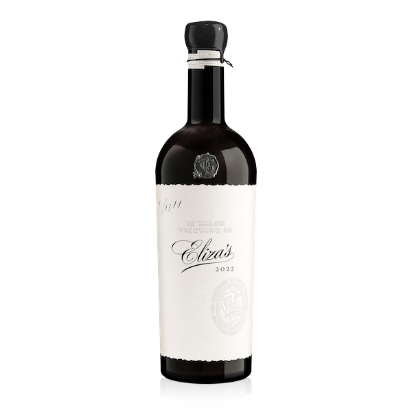 A bottle of 2022 ELIZA'S RED WINE with a white label on a clear background.