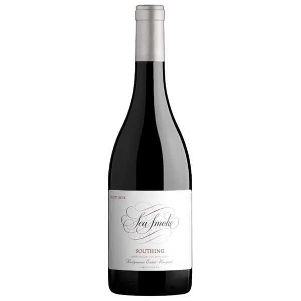 Bottle of Sea Smoke Southing Pinot Noir on a white background.