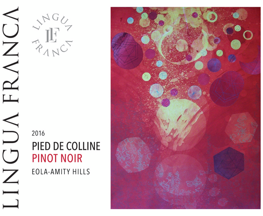Wine label for Lingua Franca 2016 Pied de Colline Pinot Noir from Eola-Amity Hills, featuring a red and purple abstract circular pattern with white text on the left and fine print on the right.