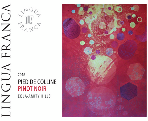 Wine label for Lingua Franca 2016 Pied de Colline Pinot Noir from Eola-Amity Hills, featuring a red and purple abstract circular pattern with white text on the left and fine print on the right.
